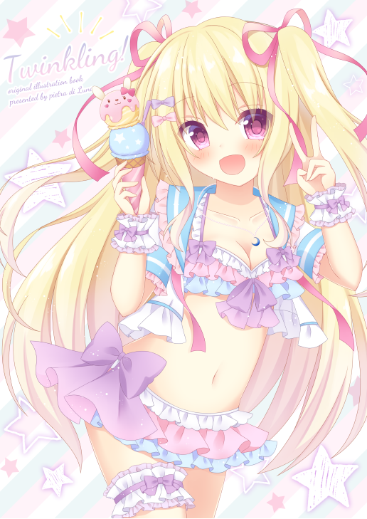 :d bangs bikini blonde_hair blue_sailor_collar blush bow breasts cleavage collarbone commentary_request diagonal-striped_background diagonal_stripes double_scoop eyebrows_visible_through_hair food frilled_bikini frills hair_between_eyes hair_ribbon hands_up himetsuki_luna holding holding_food ice_cream ice_cream_cone leg_garter long_hair medium_breasts multicolored multicolored_bikini multicolored_clothes navel open_clothes open_mouth open_shirt original pink_ribbon purple_bow purple_eyes ribbon sailor_collar sailor_shirt shirt short_sleeves smile solo star striped striped_background swimsuit two_side_up v very_long_hair white_shirt wrist_cuffs