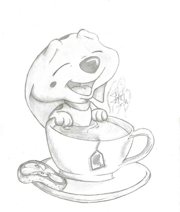 101_dalmatians 2007 beverage cadpig cadpig07 canine cup dalmatian disney dog eyes_closed food fruit greyscale mammal monochrome open_mouth open_smile pencil_(artwork) relaxing saucer simple_background smile solo tea traditional_media_(artwork) white_background