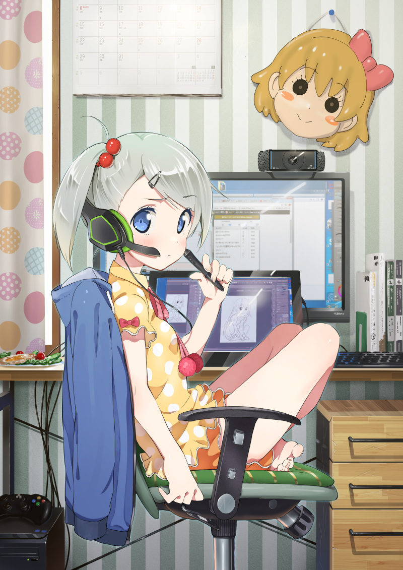 arm_at_side bad_id bad_pixiv_id bangs barefoot blue_eyes blue_jacket blush book bow calendar_(object) chair closed_mouth computer controller curtains day desk domo1220 dot_nose drawer drawing_tablet eyebrows_visible_through_hair feet_on_chair food from_side game_controller hair_bobbles hair_ornament hairclip headphones headset holding holding_stylus indian_style indoors jacket jacket_removed keyboard_(computer) knees_up light_frown looking_at_viewer mask monitor office_chair one_side_up orange_shorts original pink_bow polka_dot polka_dot_shirt pom_pom_(clothes) shirt short_shorts short_sleeves shorts silver_hair sitting solo striped stylus sunlight swept_bangs tablet toenails vertical_stripes yellow_shirt