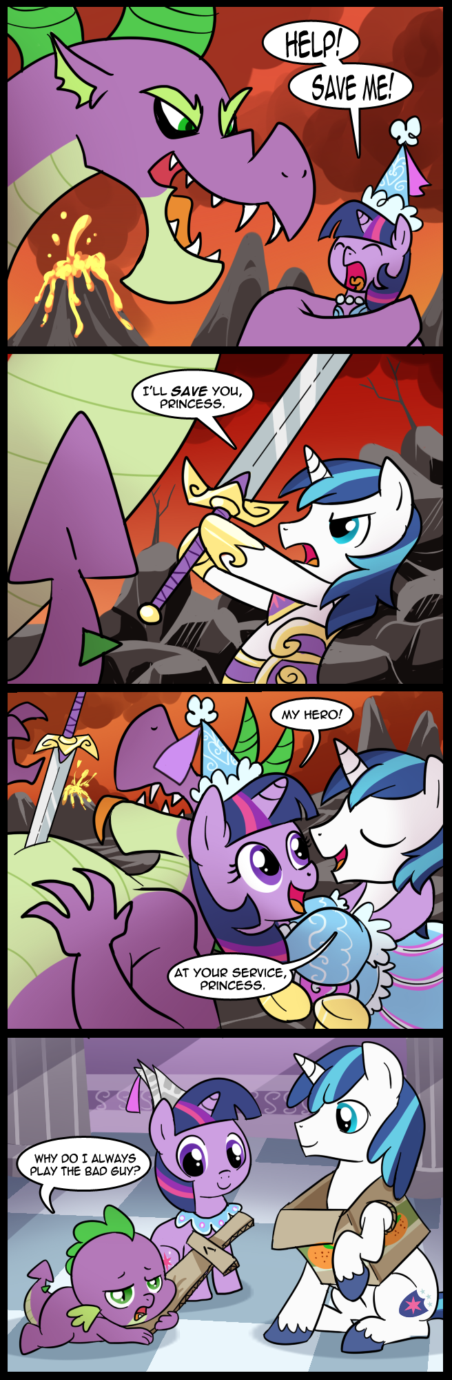 2018 armor cardboard_box comic dragon equine friendship_is_magic horn madmax mammal melee_weapon my_little_pony playing princess royalty shining_armor_(mlp) spike_(mlp) sword twilight_sparkle_(mlp) unicorn weapon young