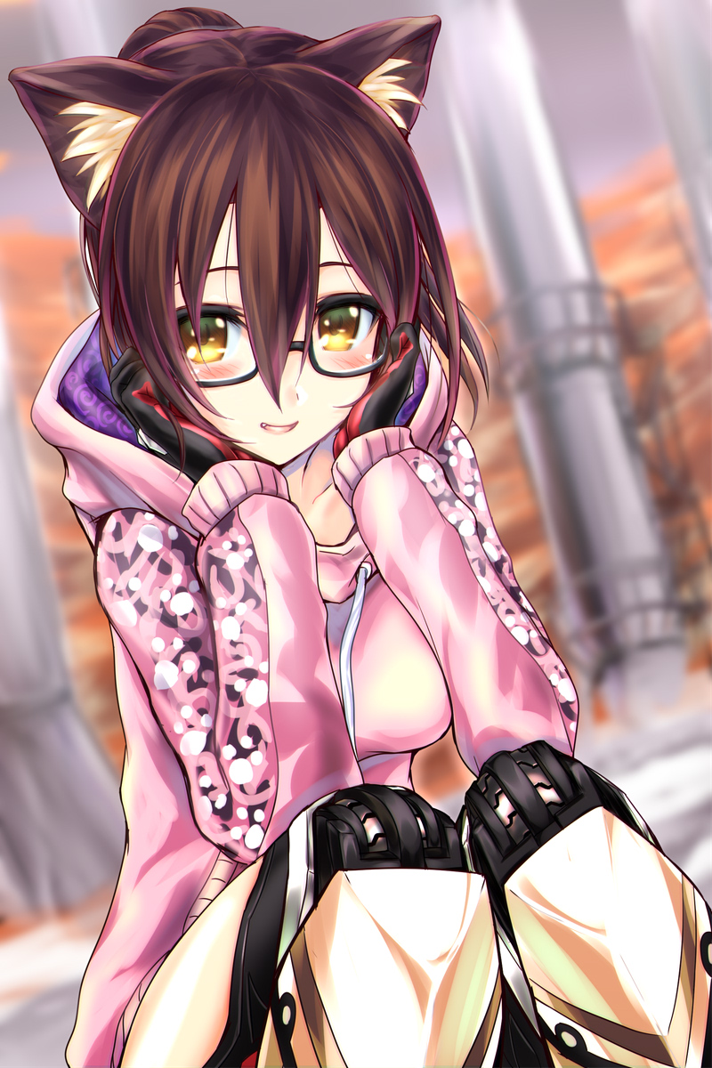 android animal_ears black-framed_eyewear black_gloves blush brown_hair cat_ears commentary day doll_joints eyebrows_visible_through_hair fang glasses gloves hair_between_eyes hands_up highres hood hoodie legs_together looking_at_viewer open_mouth outdoors pink_hoodie roboco-san roboco_ch. semi-rimless_eyewear silve sitting smile solo under-rim_eyewear virtual_youtuber yellow_eyes
