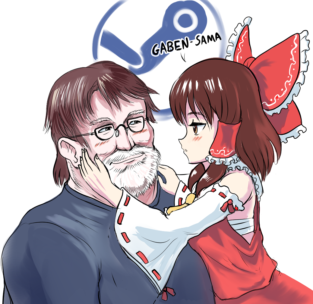 1boy 1girl ascot bare_shoulders beard blush bow brown_hair detached_sleeves english_text eyebrows_visible_through_hair facial_hair fat fat_man gabe_newell glasses hair_bow hair_tubes hakurei_reimu hands_on_another's_face japanese_clothes long_hair looking_at_another medium_hair miko nontraditional_miko obese older profitshame red_shirt ribbon-trimmed_sleeves ribbon_trim sarashi shirt steam_(platform) touhou what white_hair yellow_neckwear