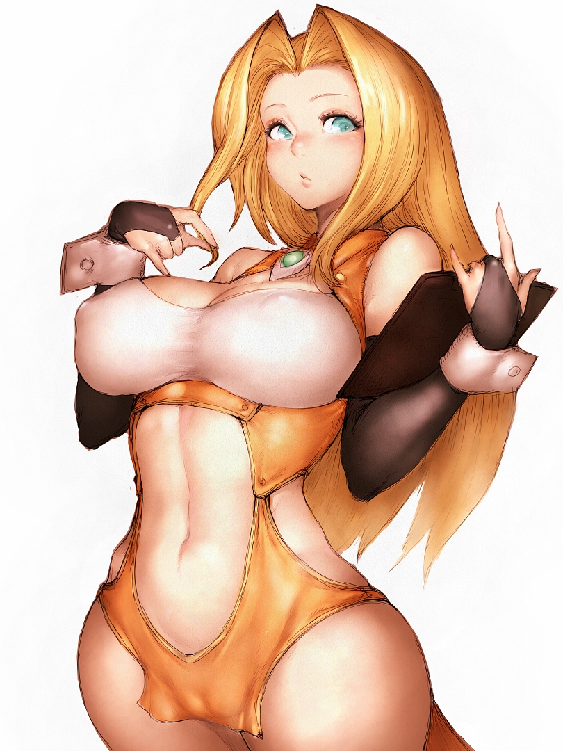 bare_shoulders blonde_hair blue_eyes breasts bridal_gauntlets cameltoe clipboard covered_nipples elbow_gloves fumio_(rsqkr) gloves hair_intakes hips large_breasts lips long_hair looking_at_viewer miranda_(quiz_magic_academy) navel nose parted_lips quiz_magic_academy simple_background solo thighs white_background