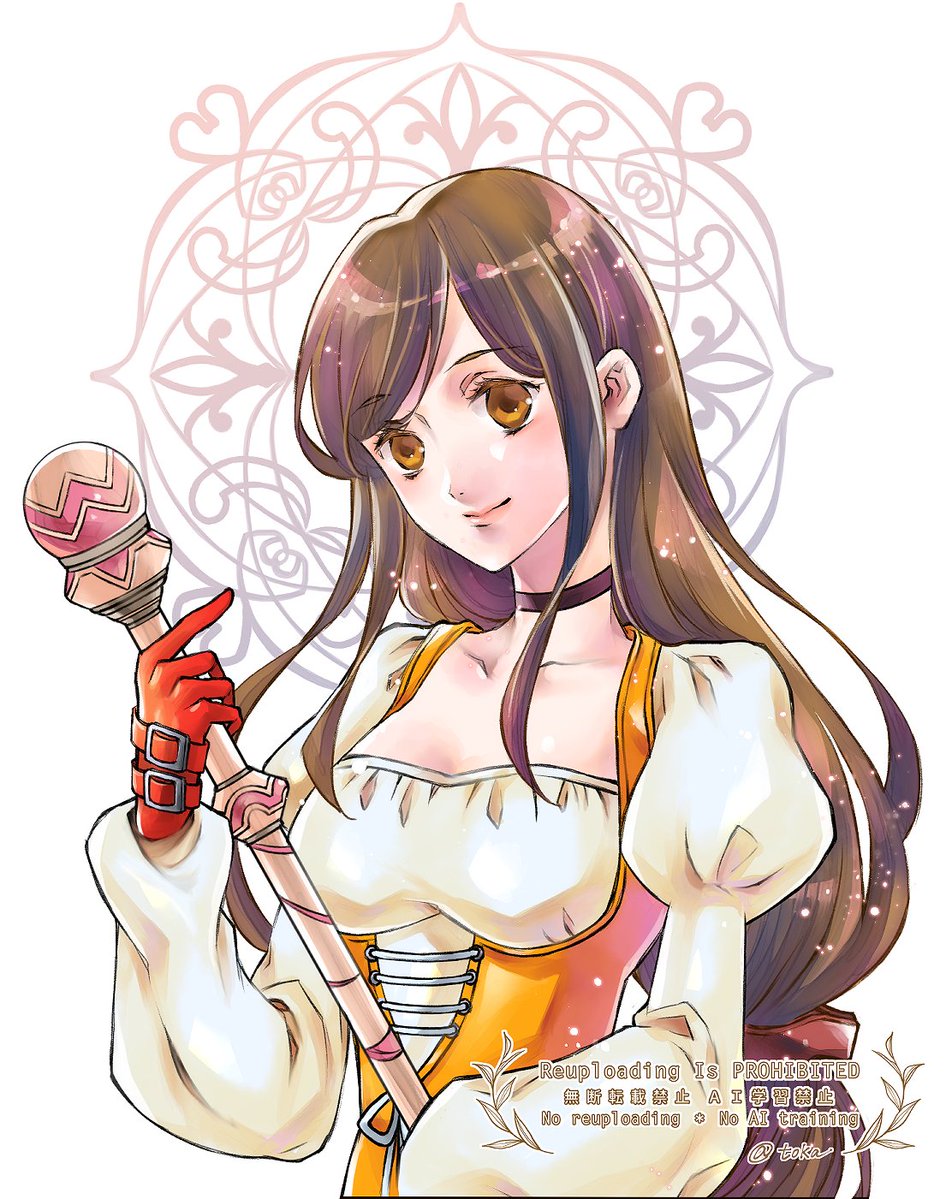 1girl black_choker bodysuit breasts brown_eyes brown_hair choker closed_mouth final_fantasy final_fantasy_ix garnet_til_alexandros_xvii gloves holding holding_staff juliet_sleeves long_hair long_sleeves low-tied_long_hair medium_breasts orange_bodysuit portrait puffy_sleeves quichi_91 red_gloves smile solo staff swept_bangs twitter_username upper_body white_background