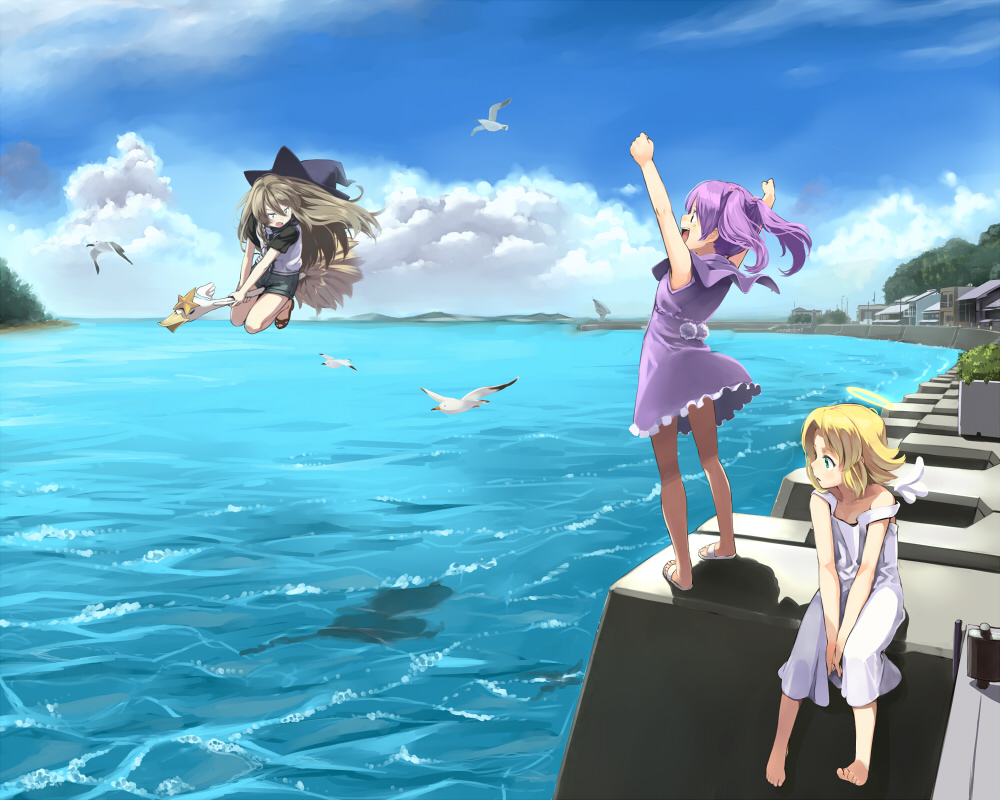 :d aqua_eyes arms_up barefoot beads between_legs bird blonde_hair blue_sky broom broom_riding brown_hair building capelet clenched_hands cloud commentary_request concrete day denchuubou denim denim_shorts dress duck frilled_dress frills hair_beads hair_ornament halo hand_between_legs harbor hat horizon jacket long_hair looking_to_the_side medium_hair mini_wings multiple_girls ocean open_mouth original pom_pom_(clothes) purple_dress purple_hair radio_telescope sandals seagull short_sleeves short_twintails shorts sitting sky sleeveless sleeveless_dress smile standing star strap_slip tareme tsurime twintails waves white_dress wings witch_hat