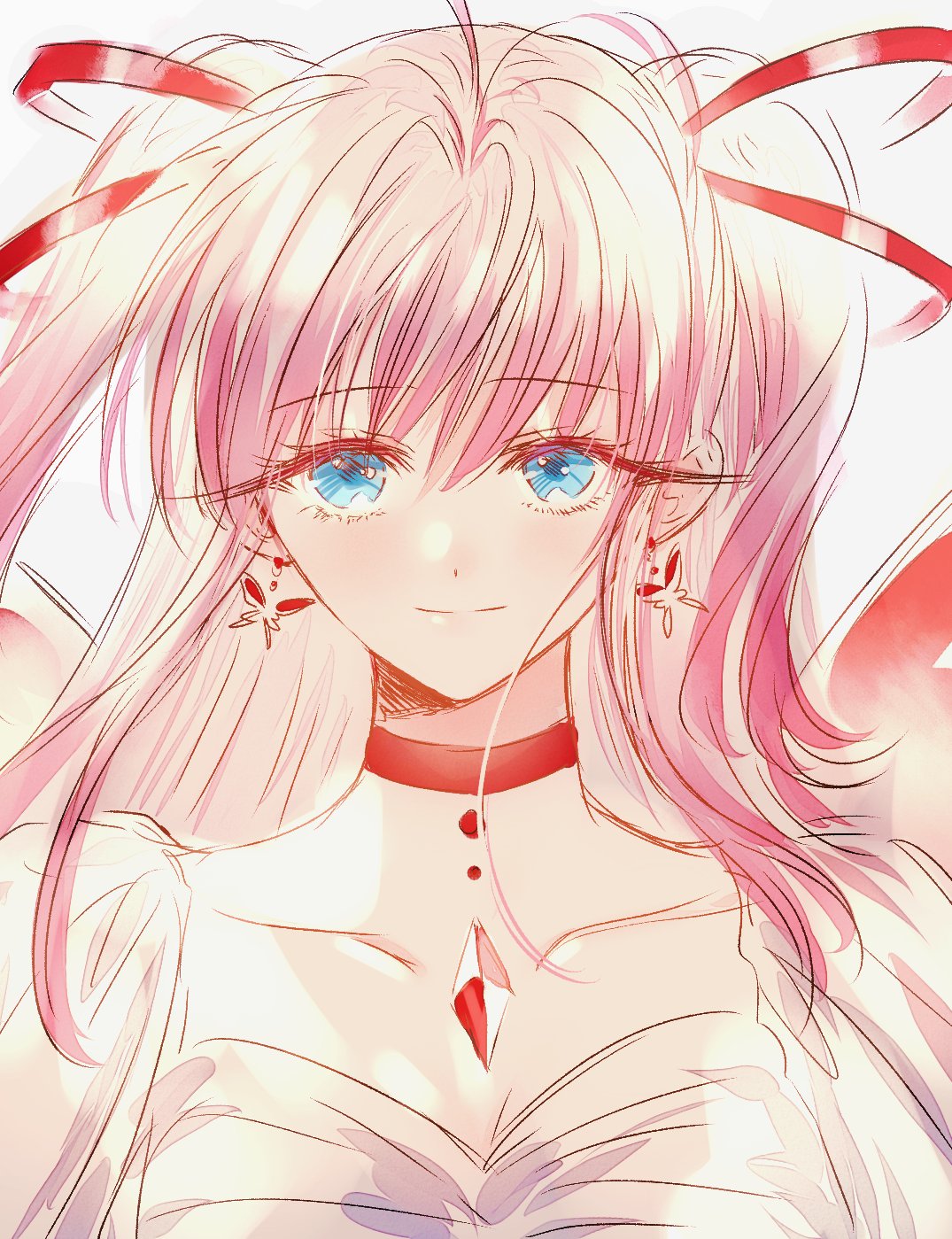 ahma blue_eyes choker closed_mouth copyright_request dress earrings eyebrows_visible_through_hair hair_ribbon highres jewelry long_hair looking_at_viewer necklace pink_hair red_choker red_ribbon ribbon smile solo twintails white_dress