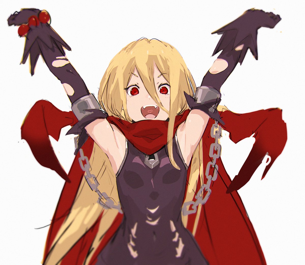 :d armpits black_dress black_gloves blonde_hair breasts chain chained cloak covered_navel cuffs dress elbow_gloves evileye eyebrows_visible_through_hair fangs gloves hair_between_eyes hands_up happy heart heart_in_mouth hood hood_down hooded_cloak long_hair looking_at_viewer open_mouth outstretched_arms overlord_(maruyama) red_cloak red_eyes shackles simple_background small_breasts smile so-bin solo torn_clothes torn_gloves vampire white_background wide-eyed