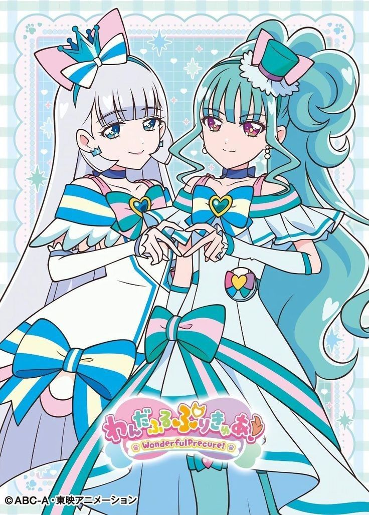 2girls aqua_border aqua_bow aqua_bowtie aqua_brooch aqua_hair aqua_hat aqua_sleeves aqua_thighhighs artist_request bare_shoulders blue_background blue_bow blue_bowtie blue_brooch blue_choker blue_crown blue_eyes blue_hairband blue_sleeves blunt_bangs blunt_ends border bow bow_legwear bowtie brooch brown_eyes choker closed_mouth clothing_cutout collarbone copyright_name copyright_notice cowboy_shot crown crown_earrings cure_lillian cure_nyammy dot_nose dress dress_bow earrings eyelashes feather-trimmed_sleeves frilled_arm_warmers frilled_headwear grey_hair grid_background hair_bow hairband happy hat heart heart_brooch heart_hands heart_hands_duo high_side_ponytail jewelry large_bow lips logo long_dress long_hair magical_girl messy_hair mini_crown mini_hat mini_top_hat multiple_earrings multiple_girls nekoyashiki_mayu nekoyashiki_yuki official_art outside_border pale_skin pink_bow pink_lips plaid_border precure short_dress short_sleeves shoulder_cutout sidelocks single_stripe smile sparkle sphere_earrings standing straight_hair striped_bow striped_bowtie striped_clothes striped_sleeves thighhighs third-party_source top_hat very_long_hair white_arm_warmers white_bow white_dress wonderful_precure!