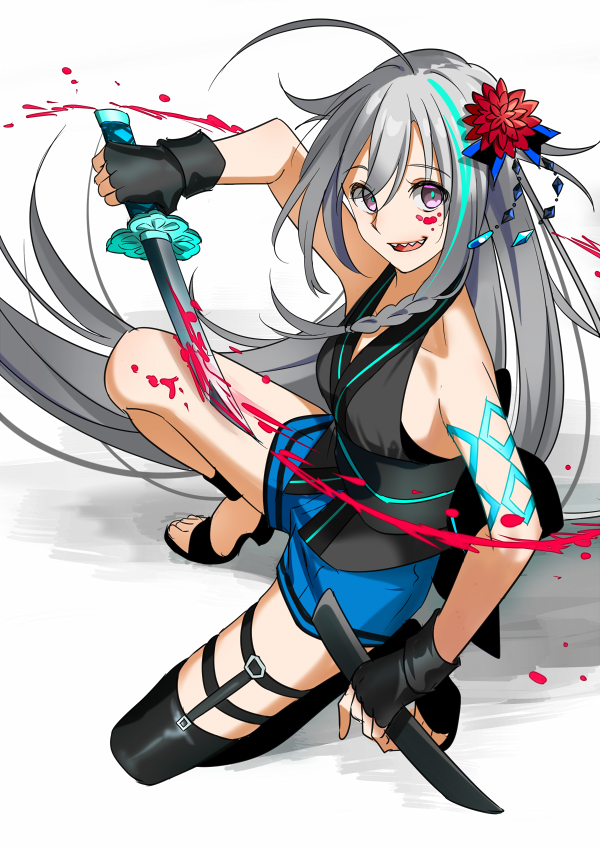 1girl asymmetrical_legwear black_gloves black_legwear blue_shorts fingerless_gloves floating_hair flower gloves hair_flower hair_ornament holding holding_sheath holding_sword holding_weapon hoshi_shouko idolmaster idolmaster_cinderella_girls long_hair one_knee red_flower sharp_teeth sheath short_shorts shorts silver_hair simple_background single_thighhigh solo sword teeth thighhighs unsheathing very_long_hair weapon white_background yodare_(3yami8)