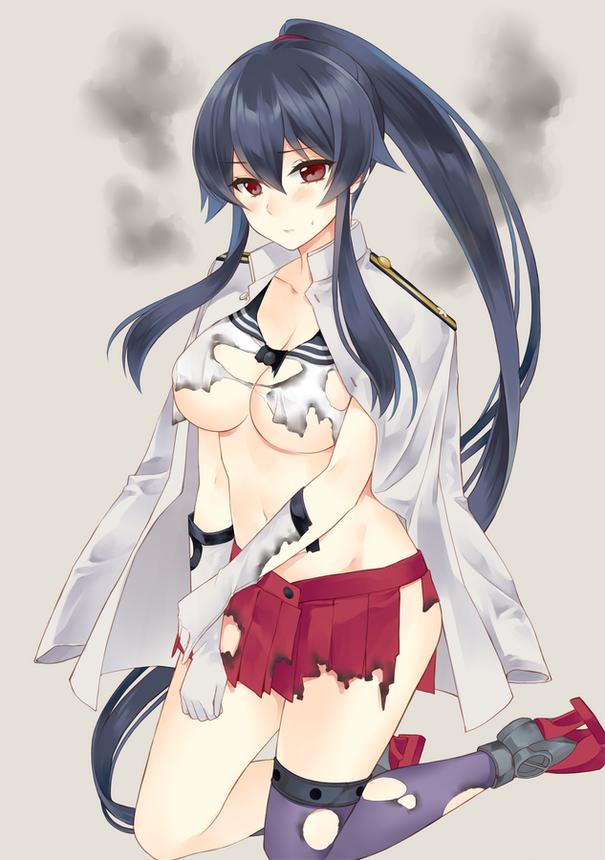 black_hair blush breasts collarbone collared_jacket epaulettes gloves gradient gradient_background grey_background hair_between_eyes hand_on_own_arm holding_arm ichinomiya_(blantte) jacket kantai_collection kneeling large_breasts long_hair looking_at_viewer military military_uniform navel pleated_skirt ponytail purple_legwear red_eyes red_skirt rudder_shoes single_thighhigh skirt smoke solo thighhighs torn_clothes uniform very_long_hair white_gloves white_jacket yahagi_(kantai_collection)