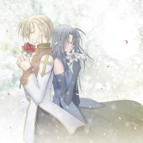 1boy 1girl black_skirt blonde_hair blue_gloves blue_hair blue_shirt brown_coat closed_eyes closed_mouth coat commentary_request cowboy_shot dated_commentary elbow_gloves expressionless flower gloves gold_trim grey_background high_priest_(ragnarok_online) holding holding_flower lily_(flower) long_hair long_sleeves lowres multicolored_coat original ragnarok_online red_coat red_flower sharari shirt short_hair skirt sleeveless sleeveless_shirt two-tone_coat white_coat white_flower