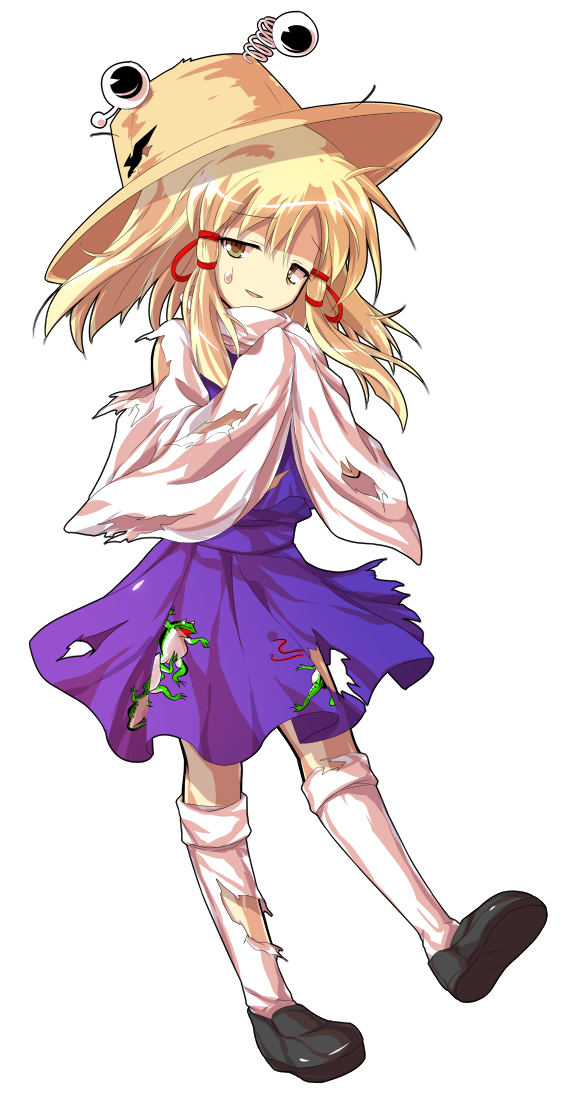 1girl alphes_(style) animal_print blonde_hair brown_hat brown_shoes commentary_request dairi defeat frog_hat frog_print full_body hair_ribbon half-closed_eyes hat large_variant_set loafers long_hair long_sleeves looking_at_viewer moriya_suwako parody parted_lips purple_skirt purple_vest red_ribbon ribbon shoes skirt skirt_set smile socks solo style_parody tachi-e torn_clothes touhou transparent_background tress_ribbon variant_set vest white_socks wide_sleeves yellow_eyes