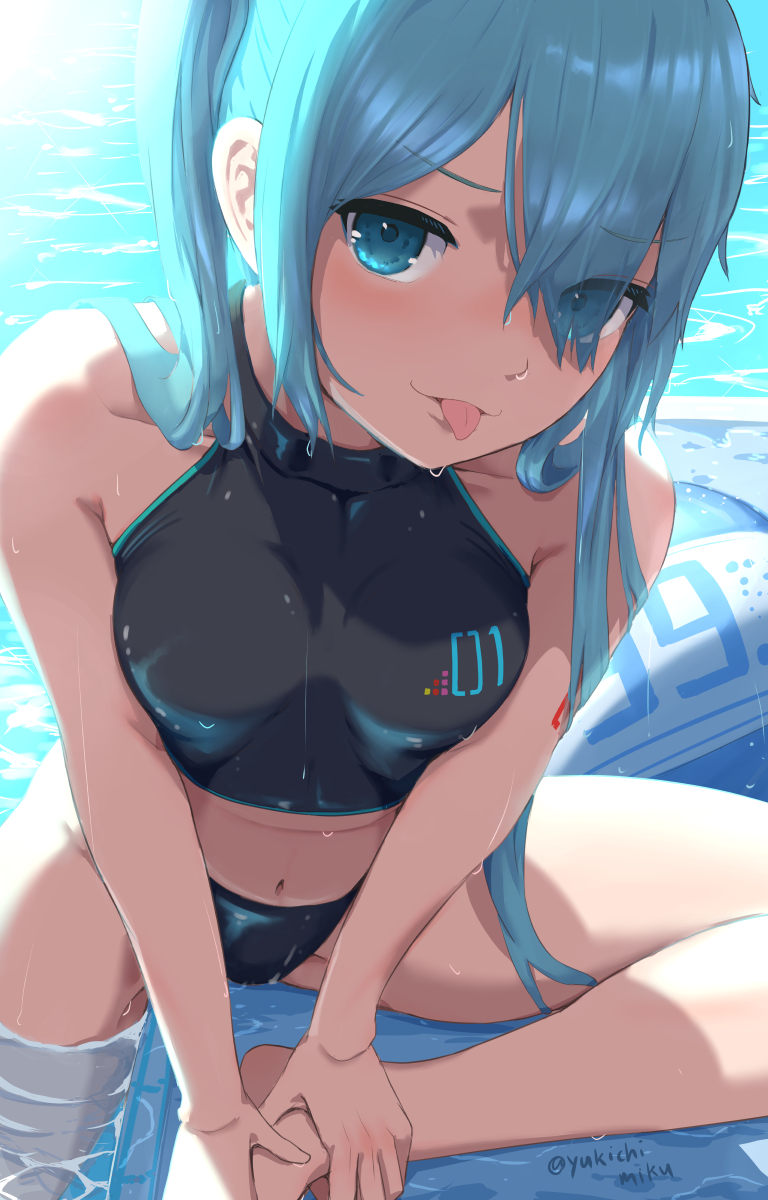 1girl alternate_costume alternate_hairstyle aqua_eyes aqua_hair bare_shoulders bikini black_bikini breasts collarbone hair_between_eyes hand_on_own_ankle hatsune_miku highres long_hair medium_breasts midriff navel number_tattoo open_mouth sitting stomach swimsuit tattoo tongue tongue_out twintails very_long_hair vocaloid yukichi_(yu-ame)