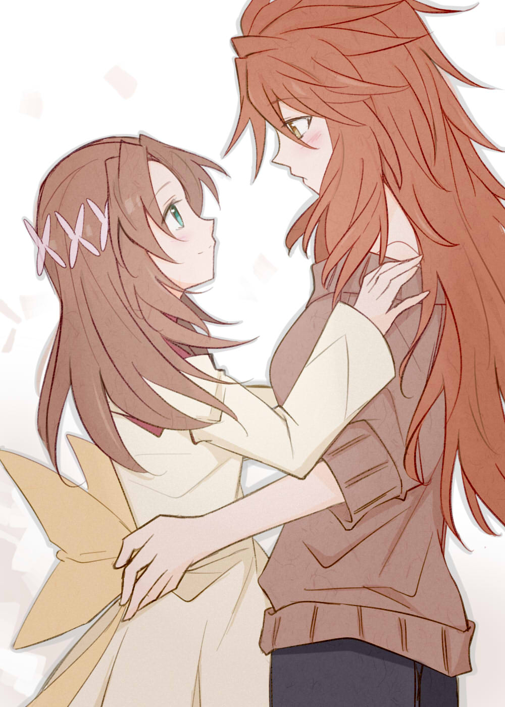 amou_kanade aqua_eyes blush brown_hair casual dress face-to-face flower green_eyes hair_flower hair_ornament hands_on_another's_hips hands_on_another's_shoulders height_difference highres long_hair looking_at_another multiple_girls orange_eyes red_hair ryaralle senki_zesshou_symphogear senki_zesshou_symphogear_xd_unlimited serena_cadenzavna_eve smile sweater yuri