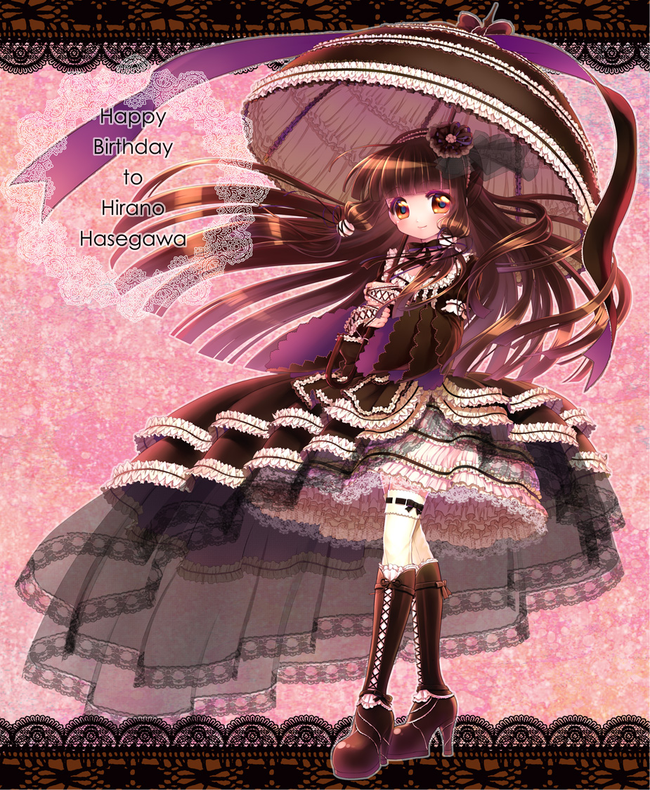 ahoge bangs black_dress black_footwear black_umbrella blunt_bangs blush boots bridal_gauntlets brown_eyes character_name commentary_request cross-laced_footwear doily dress english flower frilled_dress frilled_umbrella frills full_body gothic_lolita hair_flower hair_ornament hairband happy_birthday hasegawa_hirano high_heel_boots high_heels holding holding_umbrella knee_boots lace lace-trimmed_dress lace-up_boots lace_border lolita_fashion lolita_hairband long_hair long_sleeves looking_at_viewer minami_(apricot_tea) parasol petticoat pink_background platform_boots purple_ribbon ribbon ribbon-trimmed_legwear ribbon_trim smile solo standing tantei_opera_milky_holmes thighhighs umbrella very_long_hair white_legwear