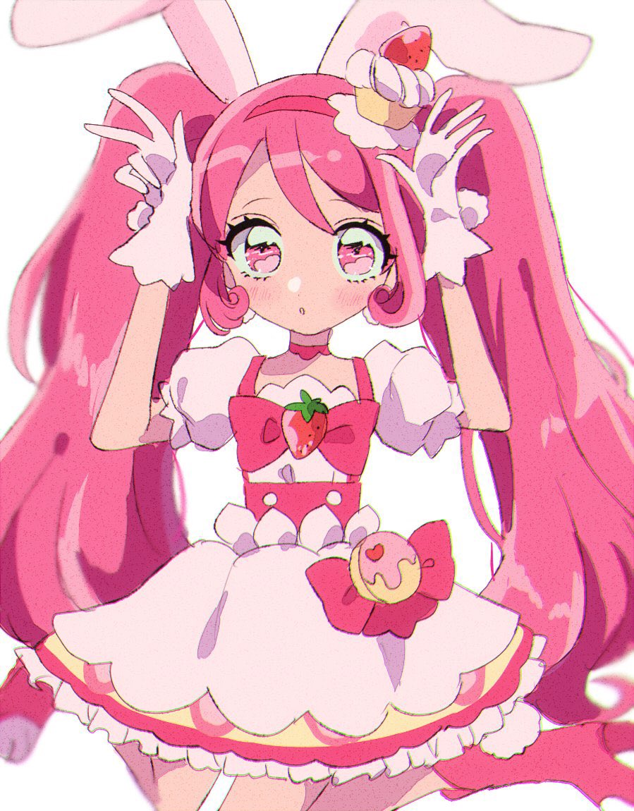 1girl :o animal_ears animal_shoes boots bow bow_skirt bowtie buttons cake choker cure_whip dot_nose earrings expressionless extra_ears eyelashes floppy_ears food food-themed_clothes food-themed_hair_ornament food_print frilled_skirt frilled_sleeves frills fruit_print full_body gloves hair_ornament hairband hands_on_own_head heart heart_print high-waist_skirt high_heel_boots high_heels jewelry kirakira_precure_a_la_mode layered_skirt light_blush long_hair looking_at_viewer magical_girl miniskirt mizumi_(mizmi) parted_lips pink_bag pink_boots pink_bow pink_bowtie pink_choker pink_eyes pink_hair pink_hairband pink_vest pom_pom_(clothes) pom_pom_earrings precure puffy_short_sleeves puffy_sleeves rabbit_ears rabbit_girl shirt short_sleeves simple_background sitting skirt solo strawberry_brooch strawberry_print strawberry_shortcake tareme two-tone_bag usami_ichika v very_long_hair vest waist_bag wariza wavy_hair white_background white_gloves white_shirt white_skirt yellow_bag yellow_skirt