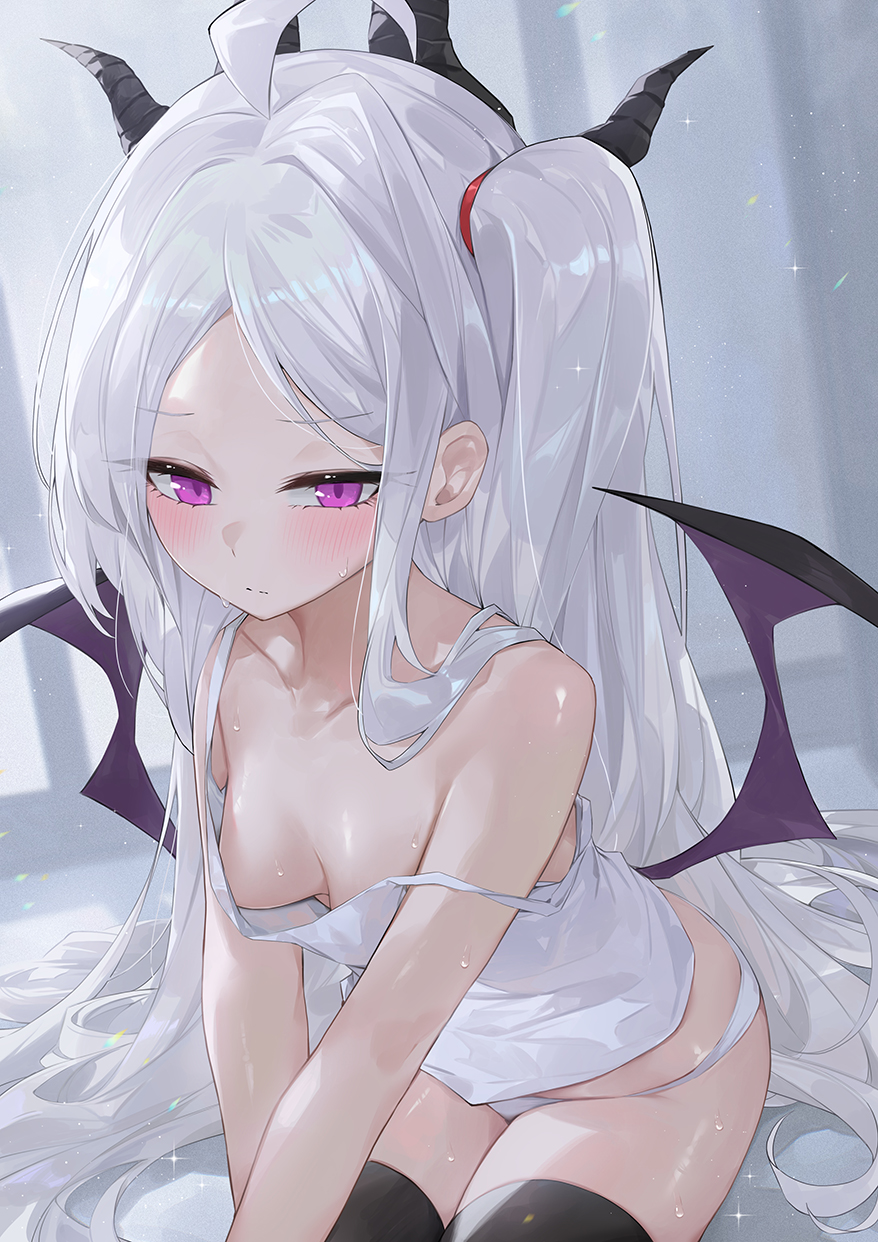 1girl ahoge bare_shoulders black_horns black_thighhighs blue_archive blush breasts breasts_apart camisole closed_mouth collarbone commentary cowboy_shot dema_hmw demon_girl demon_horns demon_wings downblouse eyelashes hair_over_shoulder hair_spread_out highres hina_(blue_archive) horns indoors leaning_forward long_hair looking_at_viewer low_wings no_bra one_side_up paid_reward_available panties parted_bangs purple_eyes purple_wings sitting small_breasts solo sparkle split_mouth strap_slip sweat thighhighs thighs tsurime underwear v_arms very_long_hair white_camisole white_hair white_panties wings