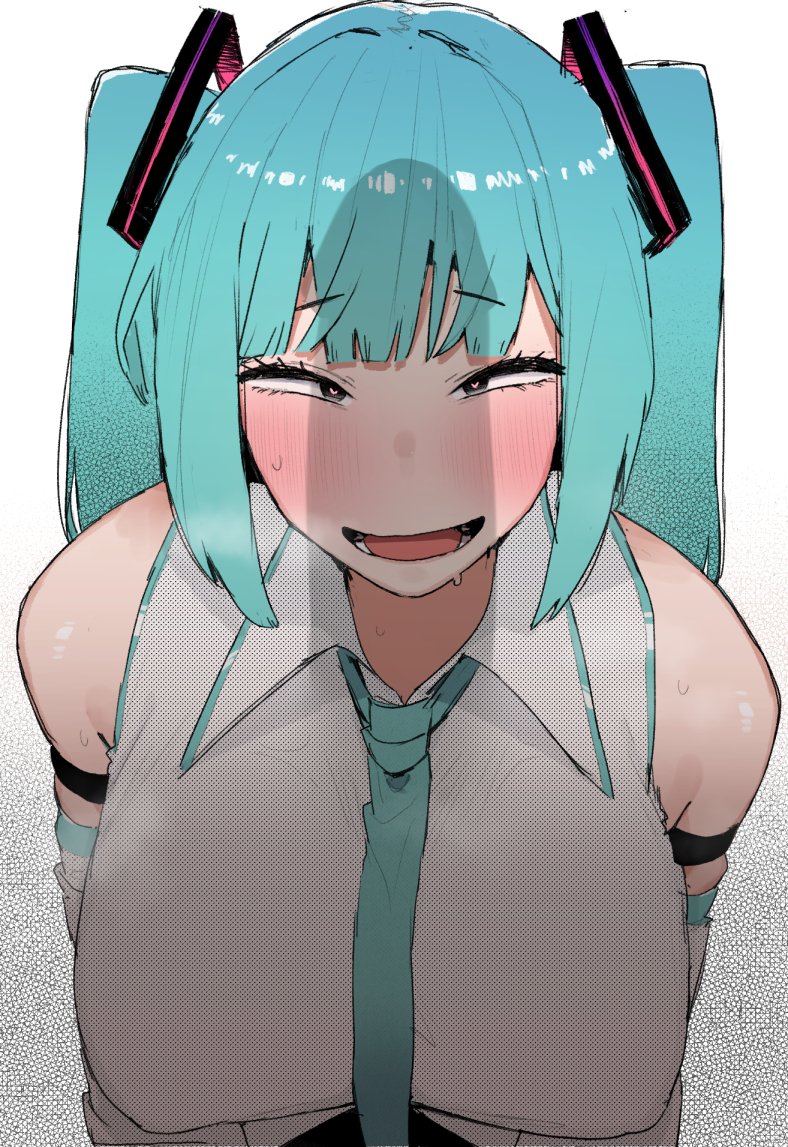 1girl aqua_hair armband black_armband blue_hair blush breasts breath detached_sleeves from_above furrowed_brow half-closed_eyes hatsune_miku heart heart-shaped_pupils large_breasts long_hair looking_at_penis looking_at_viewer looking_up necktie ohasi open_mouth penis_awe penis_shadow pink_pupils smile solo sweat symbol-shaped_pupils twintails upper_body very_long_hair vocaloid
