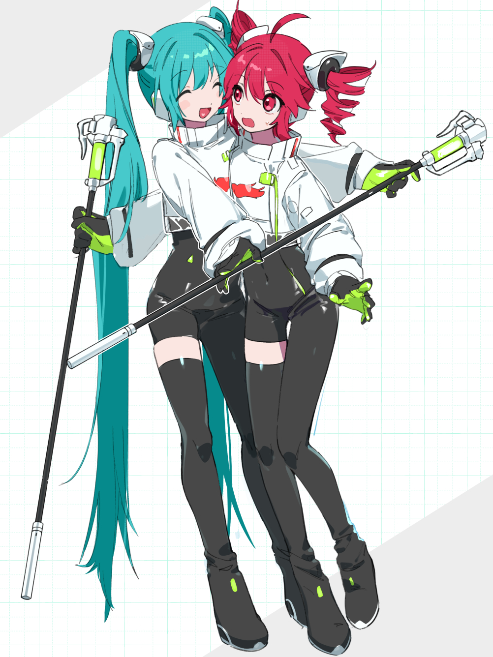 2girls absurdly_long_hair ahoge aqua_hair black_bodysuit blush bodysuit boots closed_eyes cosplay covered_navel drill_hair facing_another flat_chest full_body gloves goodsmile_racing hatsune_miku heart heart_in_mouth highres holding holding_pole hug kasane_teto long_hair long_sleeves looking_at_another michia_(bourgognepony) multiple_girls open_mouth pole racing_miku racing_miku_(2022) racing_miku_(2022)_(cosplay) red_eyes red_hair shirt short_hair single_thigh_boot smile sweatdrop thigh_boots twin_drills twintails utau very_long_hair vocaloid white_shirt