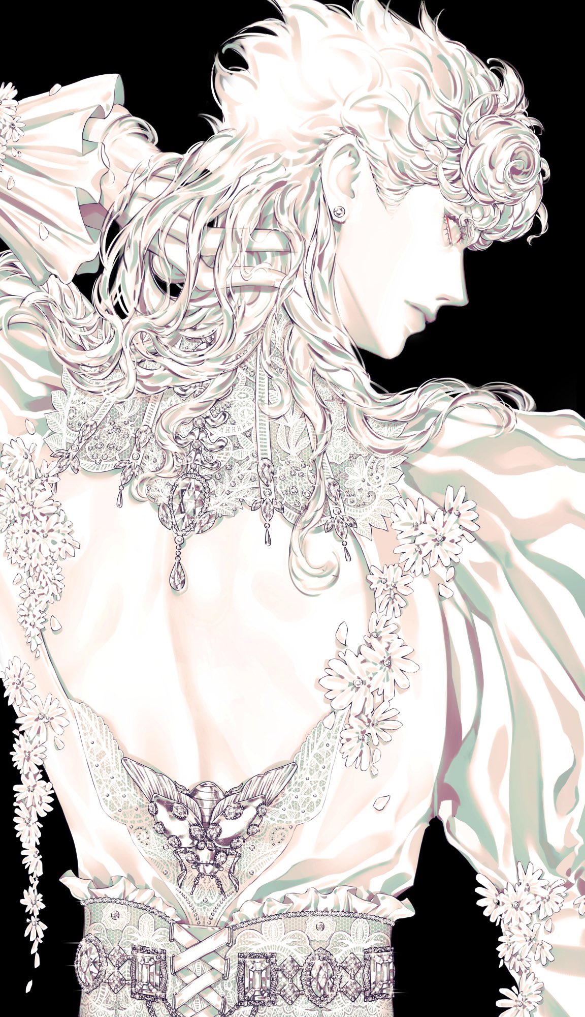 1boy back back_cutout backless_outfit black_background bug clothing_cutout commentary cross-laced_clothes earrings flower frilled_sleeves frills from_behind giorno_giovanna hand_in_own_hair hand_on_own_neck hashtag-only_commentary highres jewelry jojo_no_kimyou_na_bouken ladybug_ornament long_hair long_sleeves looking_at_viewer looking_back male_focus monochrome profile puffy_sleeves solo stud_earrings upper_body vento_aureo zhhy3324