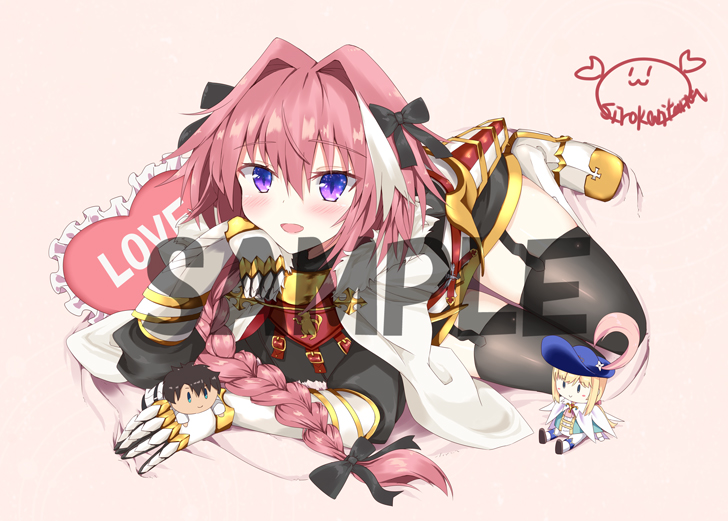 2boys :d astolfo_(fate) bangs bed_sheet black_bow black_gloves black_shirt black_skirt blush boots bow braid buckle chevalier_d'eon_(fate/grand_order) chibi comiket_93 commentary_request emblem eyebrows_visible_through_hair fate/apocrypha fate/grand_order fate_(series) faulds frilled_pillow frills fujimaru_ritsuka_(male) full_body fur-trimmed_cloak fur_collar garter_straps gauntlets gloves gold_trim gorget hair_between_eyes hair_bow hair_intakes hair_over_shoulder hand_on_own_cheek hand_up head_rest heart heart_pillow kanitama knee_boots long_hair long_sleeves looking_at_viewer lying miniskirt multicolored_hair multiple_boys on_stomach open_mouth otoko_no_ko pillow pink_background pink_hair purple_eyes raised_eyebrows sample shiny shiny_hair shirt signature simple_background single_braid skirt smile solo_focus streaked_hair thigh_gap thighhighs turtleneck two-tone_hair watermark white_cloak white_footwear white_hair zettai_ryouiki