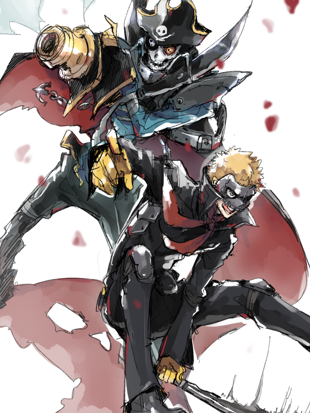 2boys blonde_hair bone captain_kidd eyepatch hat light_background male_focus mask multiple_boys open_mouth persona_5 sakamoto_ryuuji short_hair simple_background skull skull_(persona_5) weapons white_background