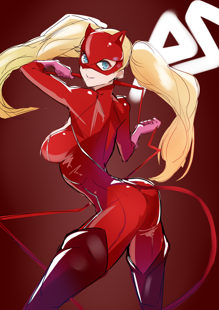 1girl ass baron_(baron-eros) big_breasts blonde_hair blue_eyes body_piercing bodysuit breasts earrings jewelry long_hair looking_at_viewer mask panther_(persona_5) persona_5 red_outfit smile solo takamaki_anne twintails weapons whip