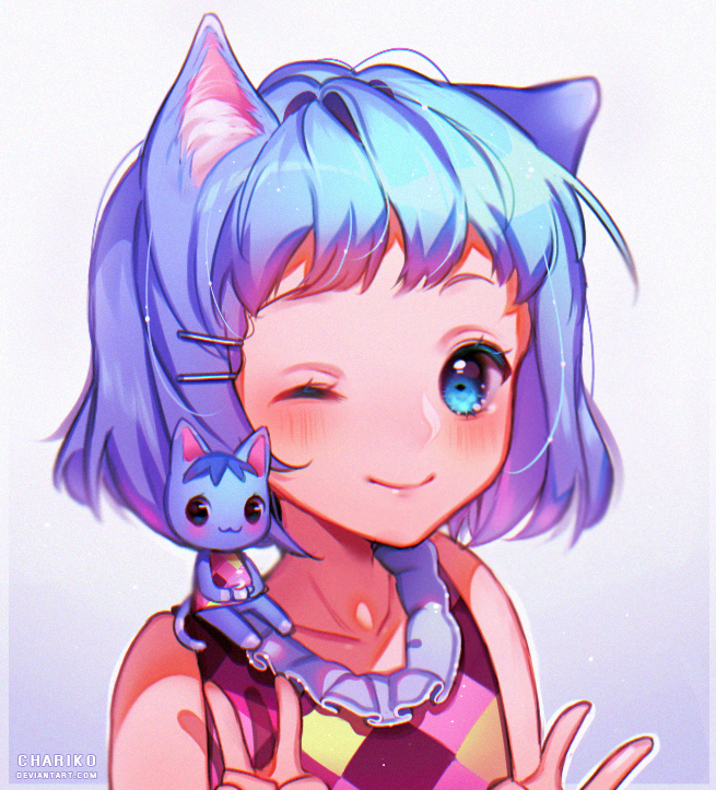1girl :3 animal animal_ears animal_on_shoulder blue_eyes blue_hair blush bouquet_(doubutsu_no_mori) bust cat cat_ears chariko double_v doubutsu_no_mori dual_persona exposed_shoulders hair_clip light_background looking_at_viewer shirt short_hair simple_background sleeveless smile white_background wink