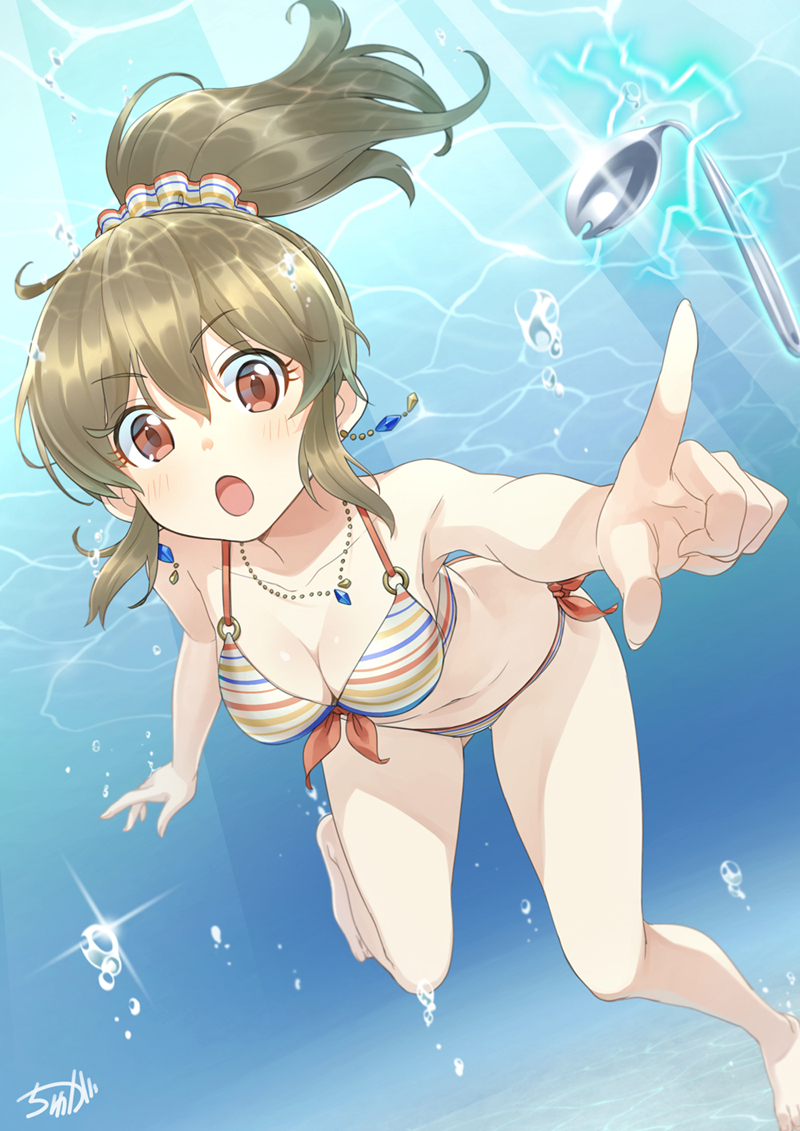 barefoot bent_spoon bikini breasts brown_eyes brown_hair cleavage commentary_request freediving front-tie_top hori_yuuko idolmaster idolmaster_cinderella_girls index_finger_raised jewelry long_hair looking_at_viewer medium_breasts multicolored multicolored_bikini multicolored_clothes multicolored_scrunchie necklace open_mouth perspective ponytail scrunchie side-tie_bikini solo spoon striped striped_scrunchie swimsuit tyuga underwater