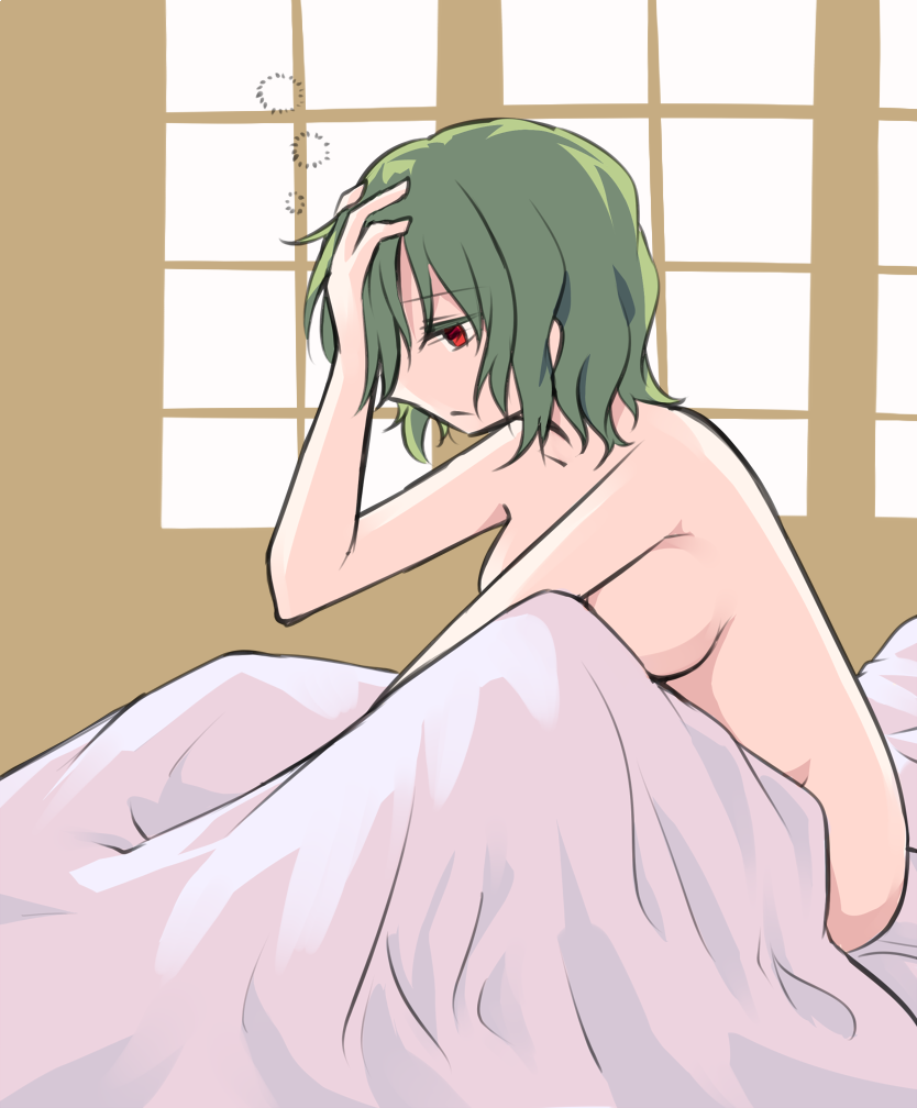 arm_up blanket breasts eyebrows_visible_through_hair from_side green_hair hand_on_own_head indoors kazami_yuuka medium_breasts miyo_(ranthath) nude pillow profile red_eyes short_hair sitting solo touhou waking_up