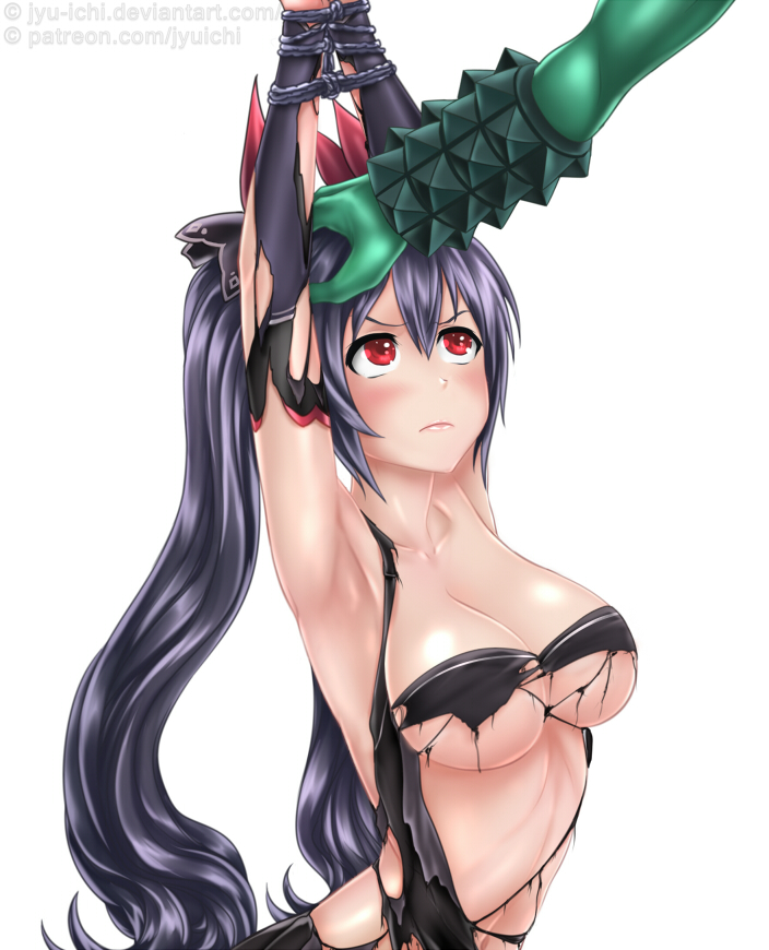 arched_back armpits arms_up bdsm black_hair bondage bound bound_arms breasts character_request choujigen_game_neptune cleavage detached_sleeves green_skin hair_ribbon hand_on_another's_head jyu_ichi large_breasts long_hair neptune_(series) noire red_eyes red_ribbon ribbon rope simple_background solo_focus torn_clothes twintails very_long_hair watermark web_address white_background