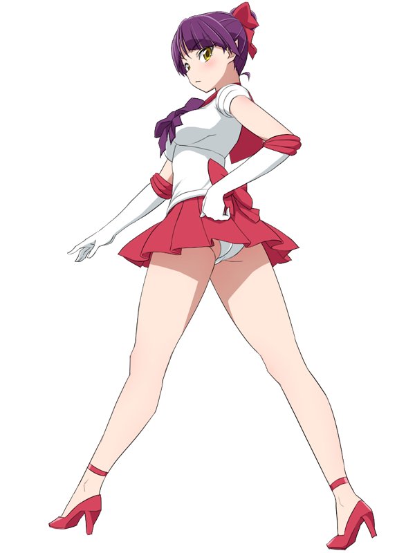 ass bishoujo_senshi_sailor_moon blush body_blush bow choker color_connection commentary_request cosplay elbow_gloves full_body gegege_no_kitarou gloves hair_bow hand_on_hip high_heels looking_at_viewer magical_girl nekomusume nekomusume_(gegege_no_kitarou_6) panties pantyshot pantyshot_(standing) pink_bow pointy_ears pose purple_bow purple_hair purple_neckwear red_choker red_footwear red_sailor_collar sailor_collar sailor_mars sailor_mars_(cosplay) sailor_senshi_uniform simple_background solo standing umi_no_tarako underwear white_background white_gloves white_panties yellow_eyes