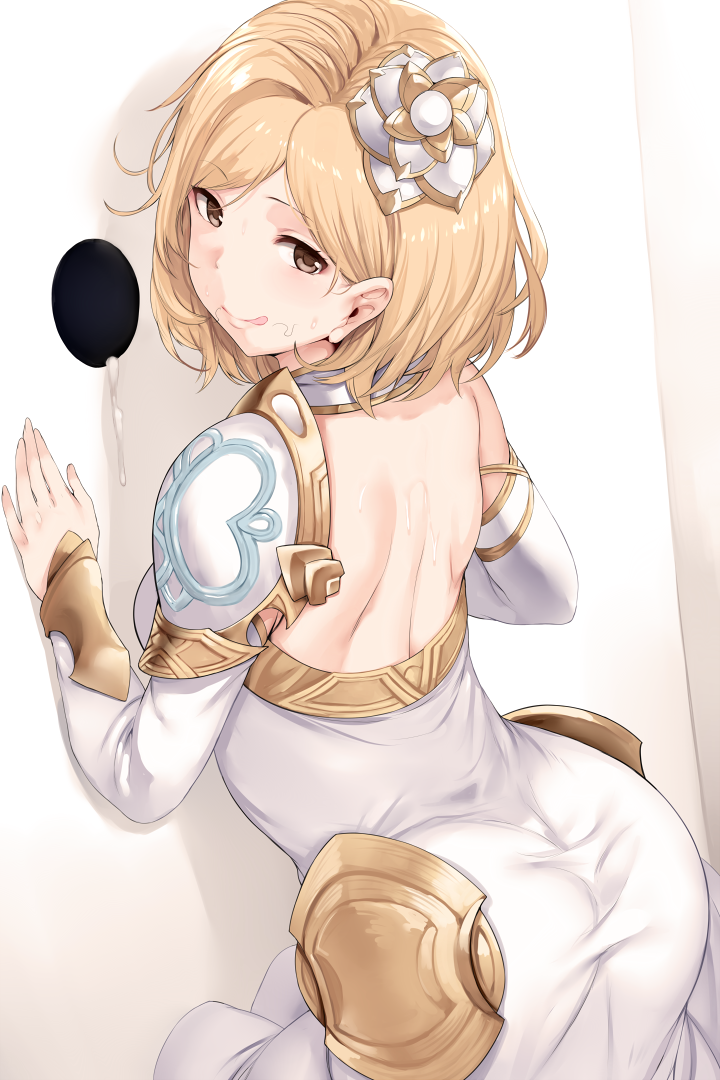 :q after_fellatio ass blonde_hair blush breasts brown_eyes choker closed_mouth collarbone cosplay cum detached_sleeves djeeta_(granblue_fantasy) dress from_behind glory_hole granblue_fantasy hair_in_mouth hair_ornament head_tilt hews_hack kneeling knights_of_glory large_breasts licking_lips long_sleeves looking_at_viewer looking_back smile solo stray_pubic_hair the_glory the_glory_(cosplay) tongue tongue_out white_background white_dress