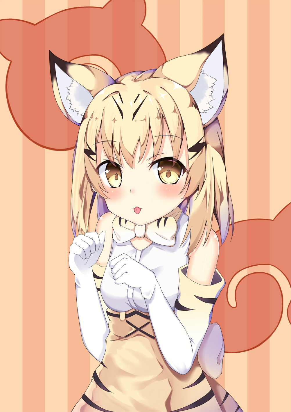 animal_ears aroma0501 bangs bare_shoulders blonde_hair blush bow bowtie brown_skirt cat_ears cat_girl cat_tail closed_mouth commentary elbow_gloves eyebrows_visible_through_hair gloves hair_between_eyes hands_up high-waist_skirt highres japari_symbol kemono_friends long_hair print_gloves print_neckwear print_skirt sand_cat_(kemono_friends) shirt skirt sleeveless sleeveless_shirt solo striped striped_background tail tongue tongue_out vertical-striped_background vertical_stripes white_gloves white_shirt