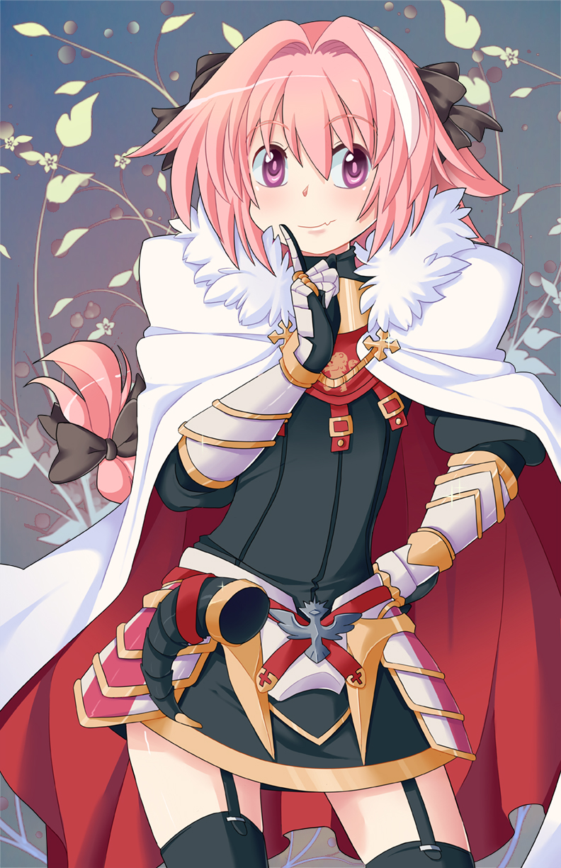 astolfo_(fate) black_bow bow braid fate/apocrypha fate/grand_order fate_(series) fur_trim garter_straps hair_intakes hair_ribbon highres long_braid long_hair male_focus multicolored_hair onirin otoko_no_ko pink_hair purple_eyes ribbon single_braid solo streaked_hair