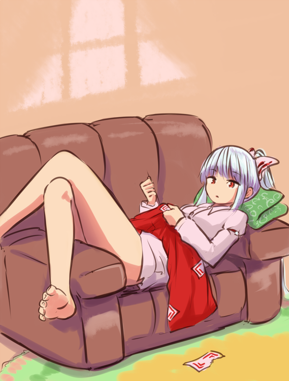 alternate_hairstyle barefoot blue_hair bottomless bow buttons collared_shirt couch crossed_legs fujiwara_no_mokou hair_bow highres lying miyo_(ranthath) needle on_back pants pants_removed ponytail red_eyes red_pants sewing sewing_needle shirt sidelocks solo touhou white_shirt