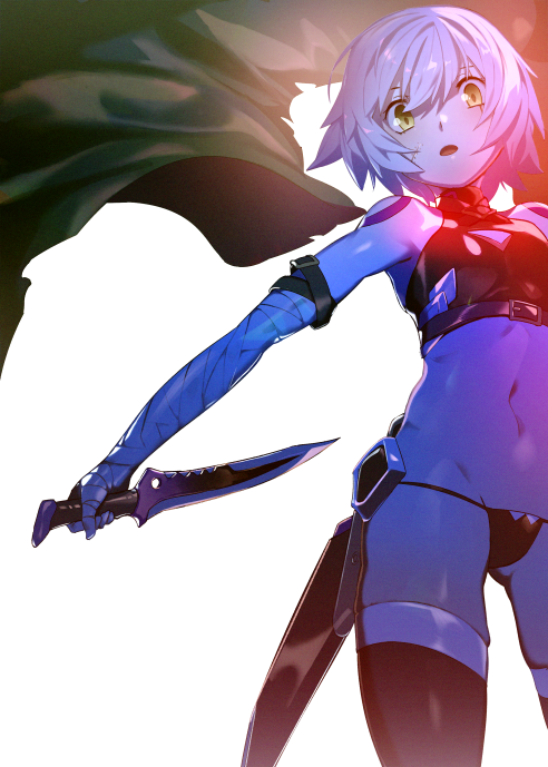 :o armpits bandaged_arm bandages bangs bare_shoulders black_legwear black_panties blush breasts buckle cape_removed contrapposto crop_top dagger facial_scar fate_(series) faulds green_eyes groin head_tilt holding holding_weapon jack_the_ripper_(fate/apocrypha) looking_at_viewer navel open_mouth outstretched_arm panties rano sanpaku scar scar_across_eye shiny shiny_hair silver_hair simple_background small_breasts solo standing stomach tareme thighhighs underwear weapon white_background