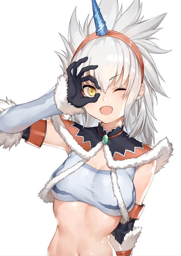 ;d bare_shoulders blue_eyes blush breasts capelet cleavage elbow_gloves fang fur_trim gloves haijin hand_gesture horn_ornament kirin_(armor) medium_breasts monster_hunter navel one_eye_closed open_mouth smile solo strapless tubetop vambraces white_hair yellow_eyes