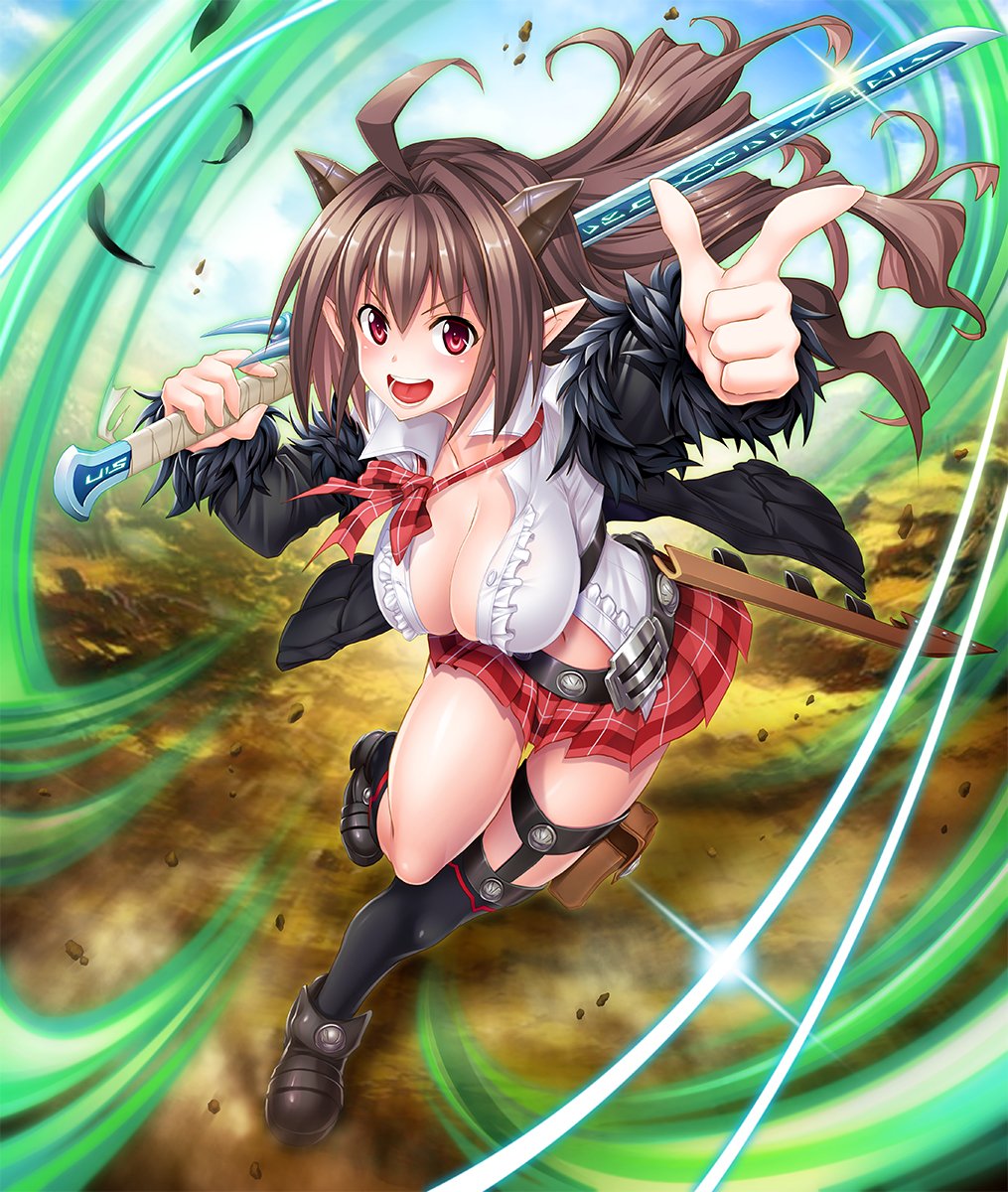 1girl ahoge asahi breasts brown_hair cleavage curvy female full_body horns huge_breasts long_hair looking_at_viewer no_bra open_mouth pointy_ears red_eyes rina_(taimanin_asagi) shiny shiny_skin skirt sky smile solo sword taimanin_(series) taimanin_asagi taimanin_asagi_battle_arena weapon
