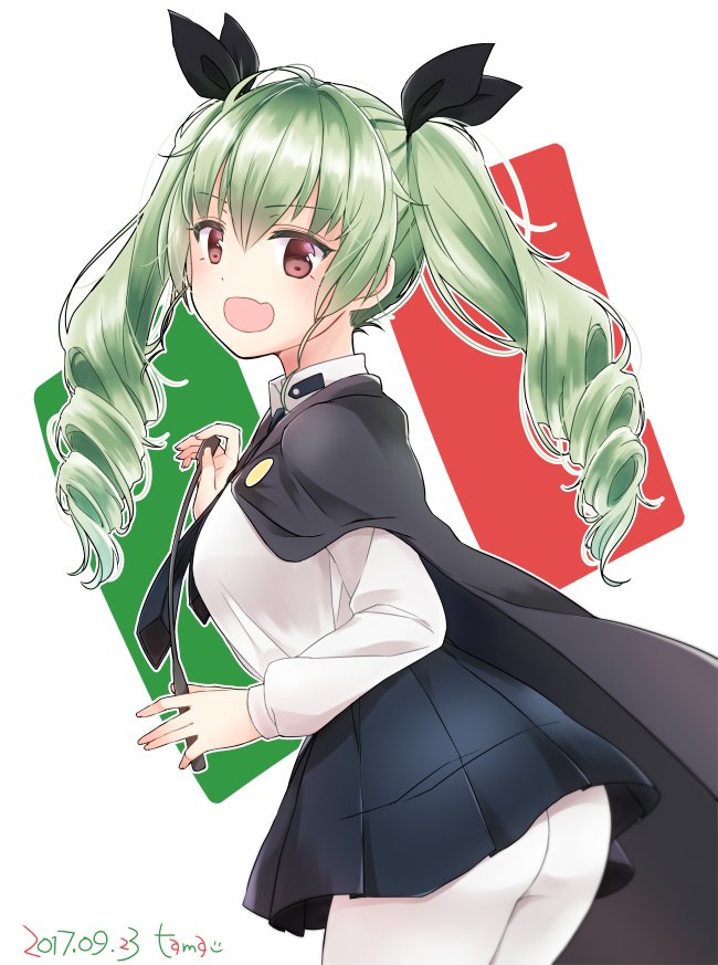 anchovy anzio_school_uniform artist_name ass bangs black_cape black_neckwear black_ribbon black_skirt cape commentary dated dress_shirt drill_hair eyebrows_visible_through_hair fang from_side girls_und_panzer green_hair hair_ribbon holding italian_flag long_hair long_sleeves looking_at_viewer miniskirt necktie open_mouth pantyhose pleated_skirt red_eyes ribbon riding_crop school_uniform shirt signature skirt smile solo standing tam_a_mat twin_drills twintails white_legwear white_shirt