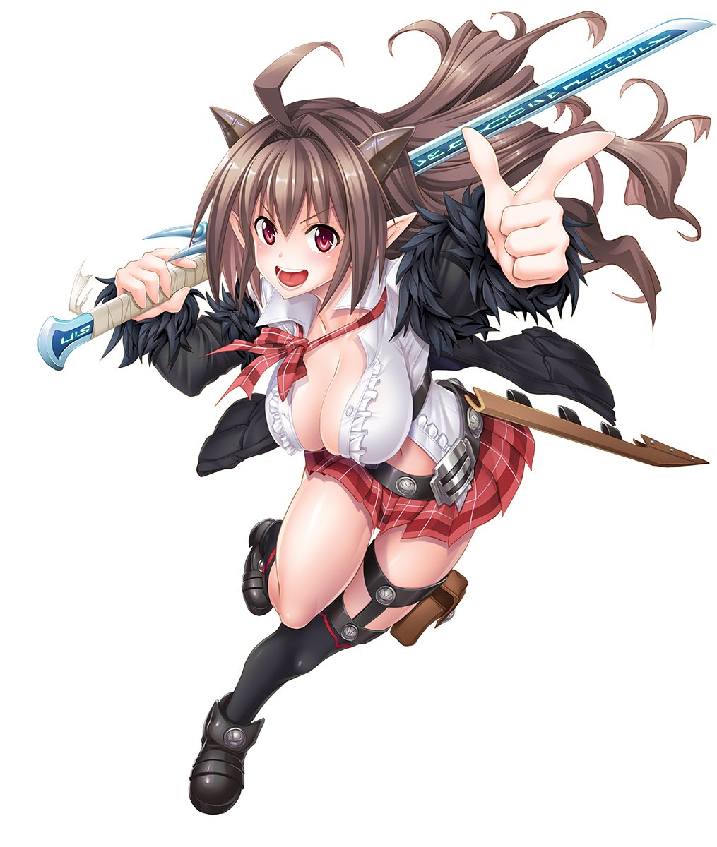 1girl ahoge asahi breasts brown_hair cleavage curvy female full_body horns huge_breasts long_hair looking_at_viewer no_bra open_mouth pointy_ears red_eyes rina_(taimanin_asagi) shiny shiny_skin simple_background skirt smile solo sword taimanin_(series) taimanin_asagi taimanin_asagi_battle_arena weapon white_background