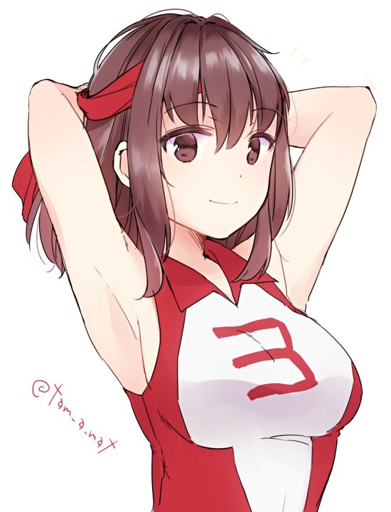 armpits arms_behind_head arms_up bangs breasts brown_eyes brown_hair closed_mouth commentary eyebrows_visible_through_hair girls_und_panzer kondou_taeko large_breasts looking_at_viewer red_headband red_shirt shirt short_hair simple_background sleeveless sleeveless_shirt smile solo sportswear standing tam_a_mat twitter_username upper_body volleyball_uniform white_background