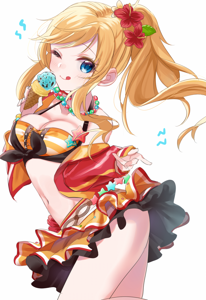 badge bangs bare_shoulders bead_necklace beads bikini_top blonde_hair blue_eyes blush breasts cleavage eyebrows_visible_through_hair flower front-tie_top hair_flower hair_ornament hips ice_cream_cone idolmaster idolmaster_cinderella_girls idolmaster_cinderella_girls_starlight_stage jacket jewelry licking_lips long_hair looking_at_viewer medium_breasts misumi_(macaroni) navel necklace off_shoulder one_eye_closed ootsuki_yui open_clothes open_jacket ponytail red_jacket simple_background skirt smile solo star striped_bikini_top swept_bangs thighs tongue tongue_out wavy_hair white_background yellow_bikini_top yellow_skirt