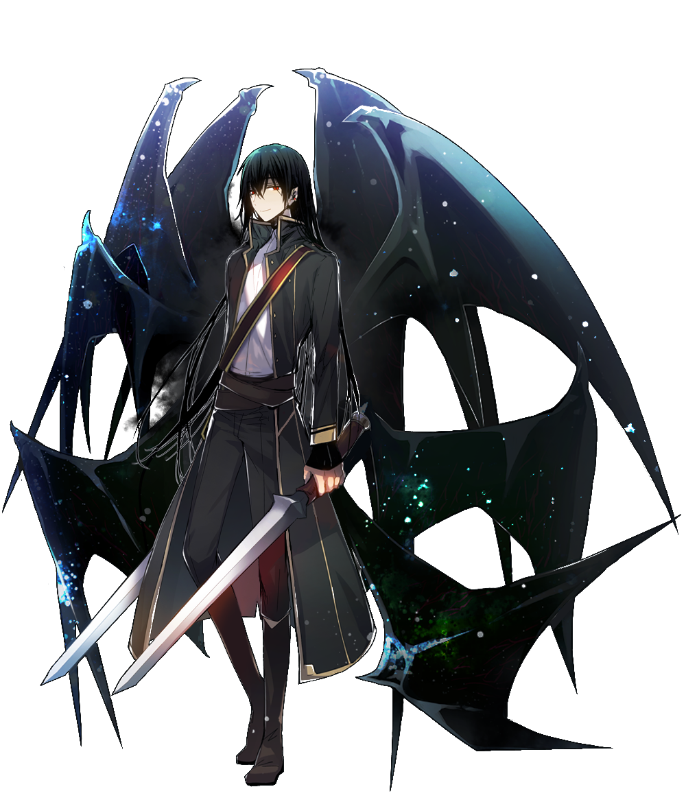asamiyajy bat_wings black_hair black_wings boots brown_footwear closed_mouth coat copyright_request dual_wielding full_body grey_coat grey_pants holding holding_sword holding_weapon long_hair long_sleeves looking_at_viewer male_focus multiple_wings pants red_eyes shirt smile solo standing sword transparent_background weapon white_shirt wings