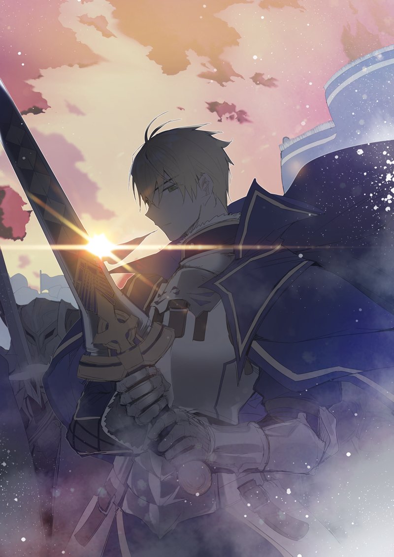 arthur_pendragon_(fate) asamiyajy bad_id bad_twitter_id blonde_hair blue_cape breastplate cape closed_mouth cloud excalibur_(fate/prototype) fate/prototype fate_(series) faulds gauntlets green_eyes holding holding_sword holding_weapon light_rays loky male_focus mordred_(fate)_(all) pink_sky plate_armor solo standing sun sunset sword two-handed weapon