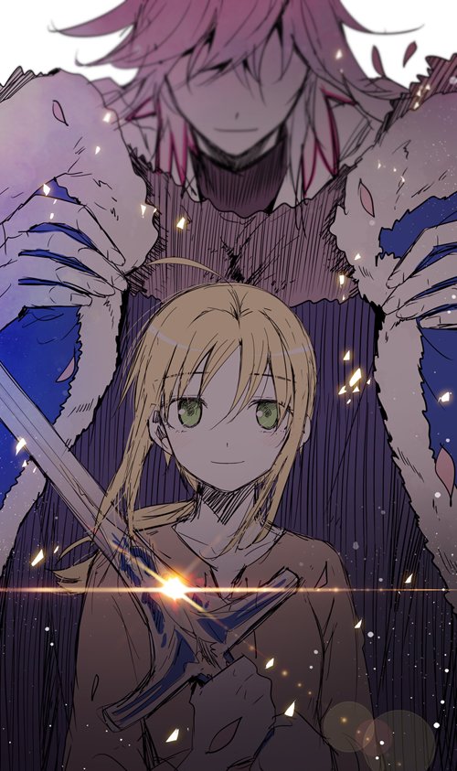 1girl ahoge artoria_pendragon_(all) asamiyajy bad_id bad_twitter_id blonde_hair blue_cape caliburn cape closed_mouth covered_eyes eyebrows_visible_through_hair fate/stay_night fate_(series) fur_trim glint green_eyes height_difference holding holding_sword holding_weapon light_smile looking_at_viewer merlin_(fate) purple_hair saber_lily smile solo_focus sword two-handed weapon younger