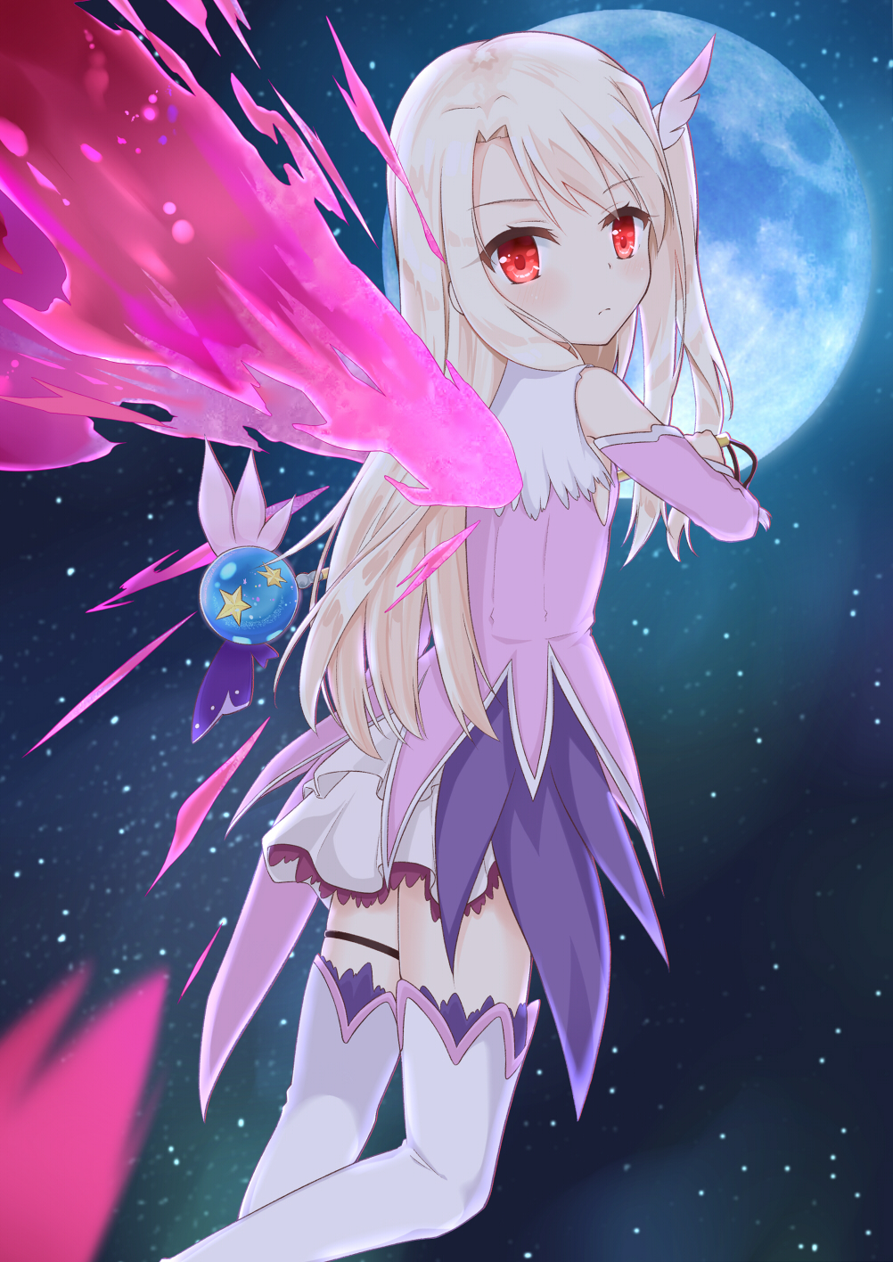 aroma0501 bangs blonde_hair blurry blurry_foreground boots closed_mouth commentary depth_of_field detached_sleeves energy_wings eyebrows_visible_through_hair fate/kaleid_liner_prisma_illya fate_(series) feathers full_moon hair_feathers highres holding holding_wand illyasviel_von_einzbern long_hair long_sleeves looking_at_viewer looking_back magical_girl magical_ruby magical_sapphire moon night night_sky one_side_up outdoors pink_feathers pink_shirt prisma_illya prisma_illya_(zwei_form) red_eyes shirt skirt sky sleeveless sleeveless_shirt solo star_(sky) starry_sky thigh_boots thighhighs very_long_hair wand white_footwear white_legwear white_skirt