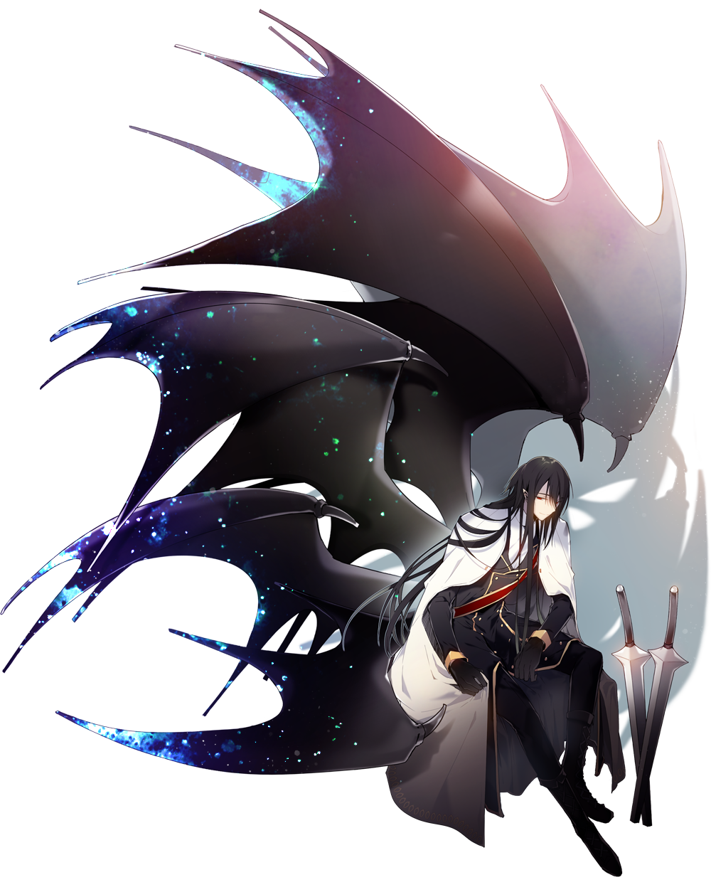 asamiyajy black_gloves black_hair black_jacket black_pants cape copyright_request full_body gloves highres jacket long_hair looking_at_viewer male_focus multiple_wings pants red_eyes solo sword transparent_background weapon white_cape wings