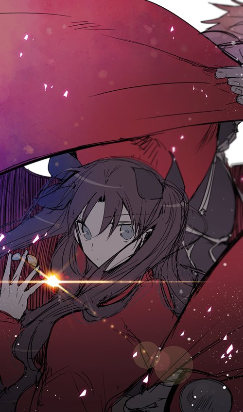 1girl archer asamiyajy bad_id bad_twitter_id black_bow black_shirt blue_eyes bow brown_hair cape closed_mouth eyebrows_visible_through_hair fate/stay_night fate_(series) gem glint hair_bow holding lens_flare looking_at_viewer red_cape red_shirt shirt solo_focus standing toosaka_rin twintails