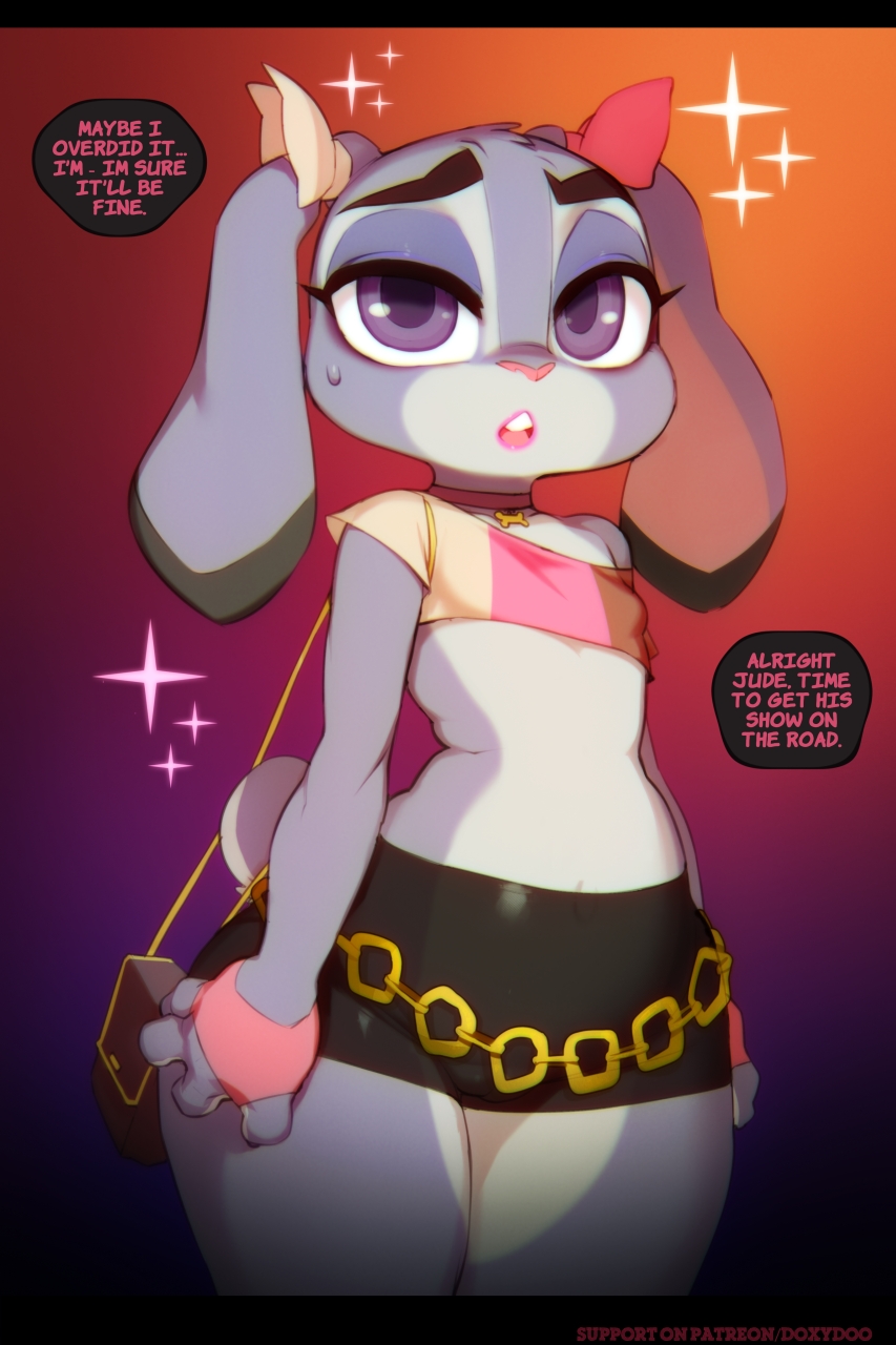 2018 anthro clothed clothing comic disney doxy english_text female half-closed_eyes judy_hopps lagomorph mammal open_mouth purple_eyes rabbit solo sweat teeth text wide_hips zootopia